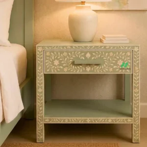 Bone inlay Light green bedside table with 1 Drawer