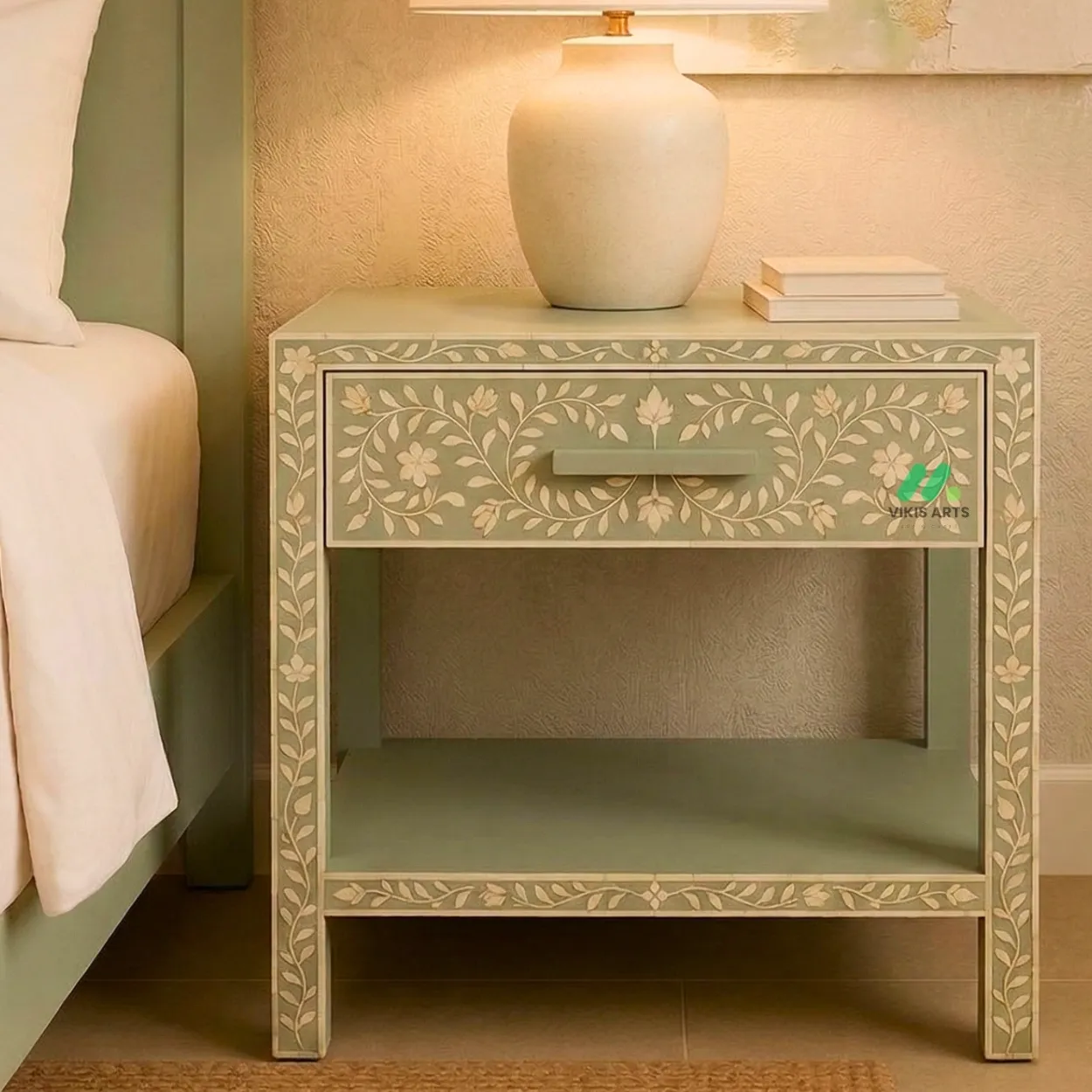 Bone inlay Light green bedside table with 1 Drawer