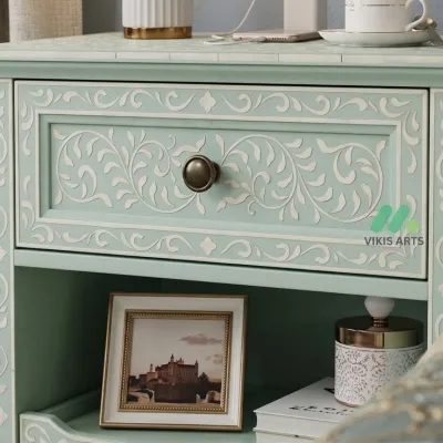 Bone Inlay Light green Nightstand with 1 Drawer - Image 5