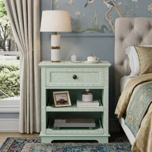 Bone Inlay Light green Nightstand with 1 Drawer