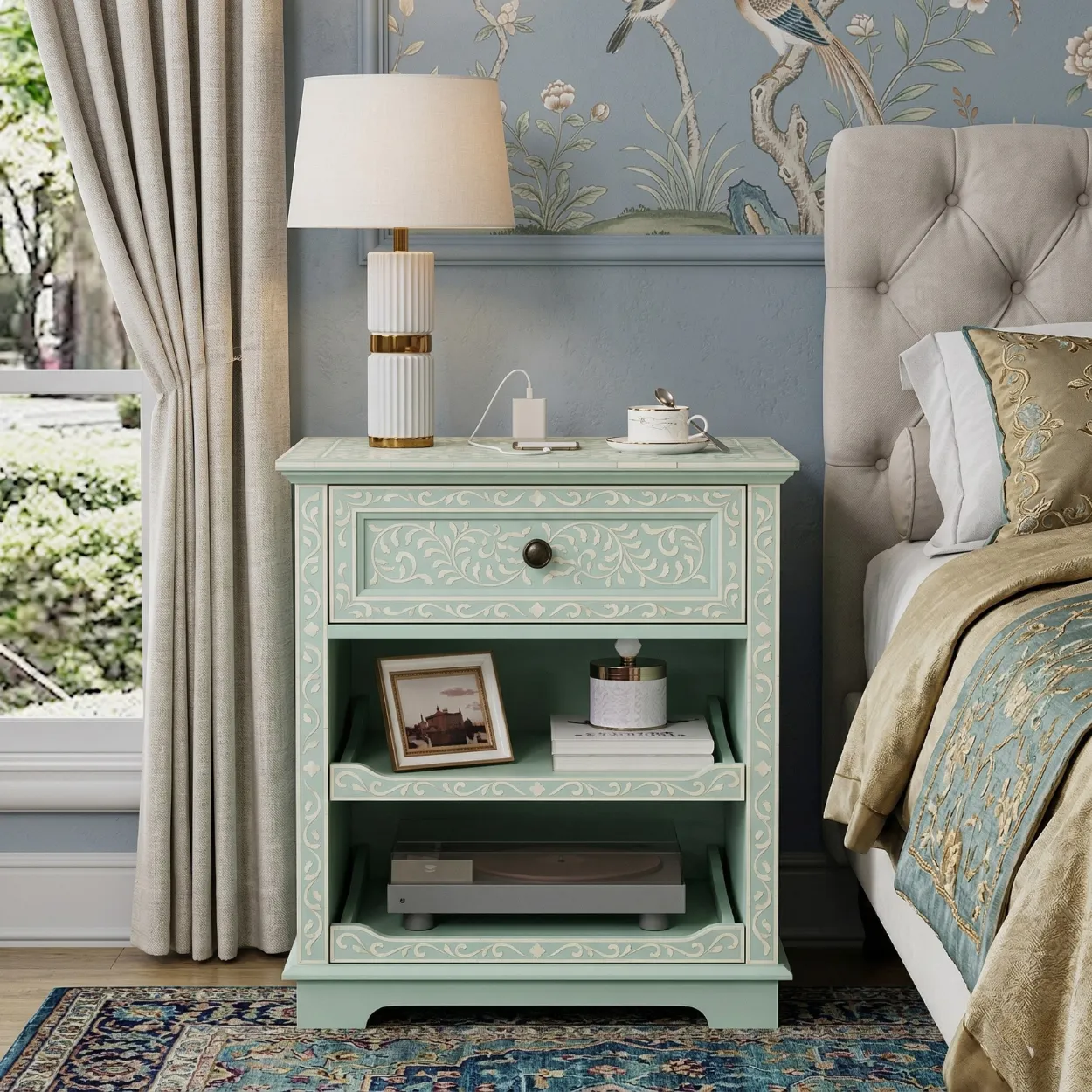Bone Inlay Light green Nightstand with 1 Drawer