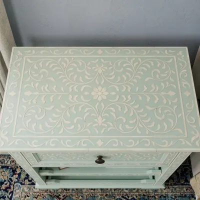 Bone Inlay Light green Nightstand with 1 Drawer - Image 3