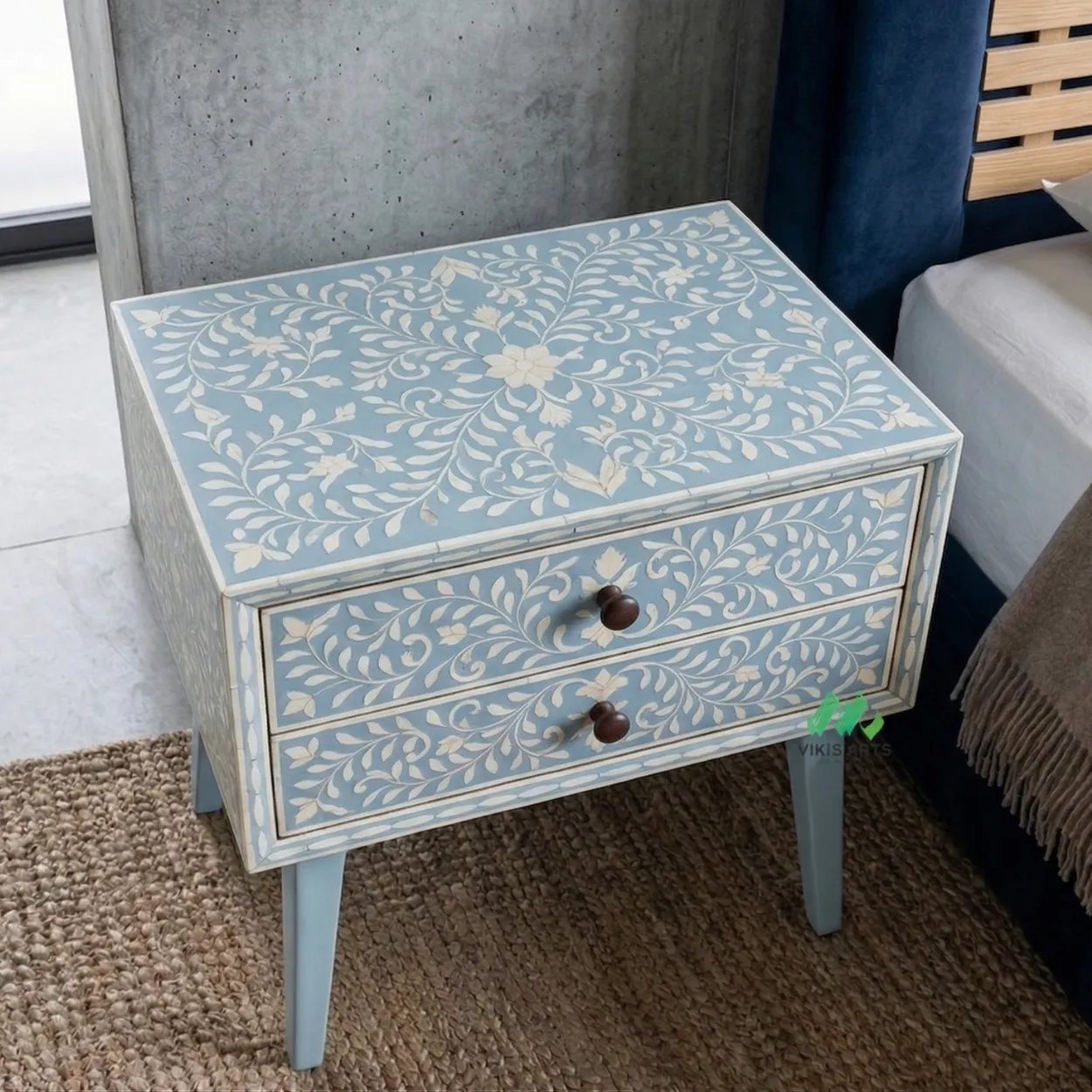 Bone Inlay Light blue Bedside Table with 2 Drawer - Image 3