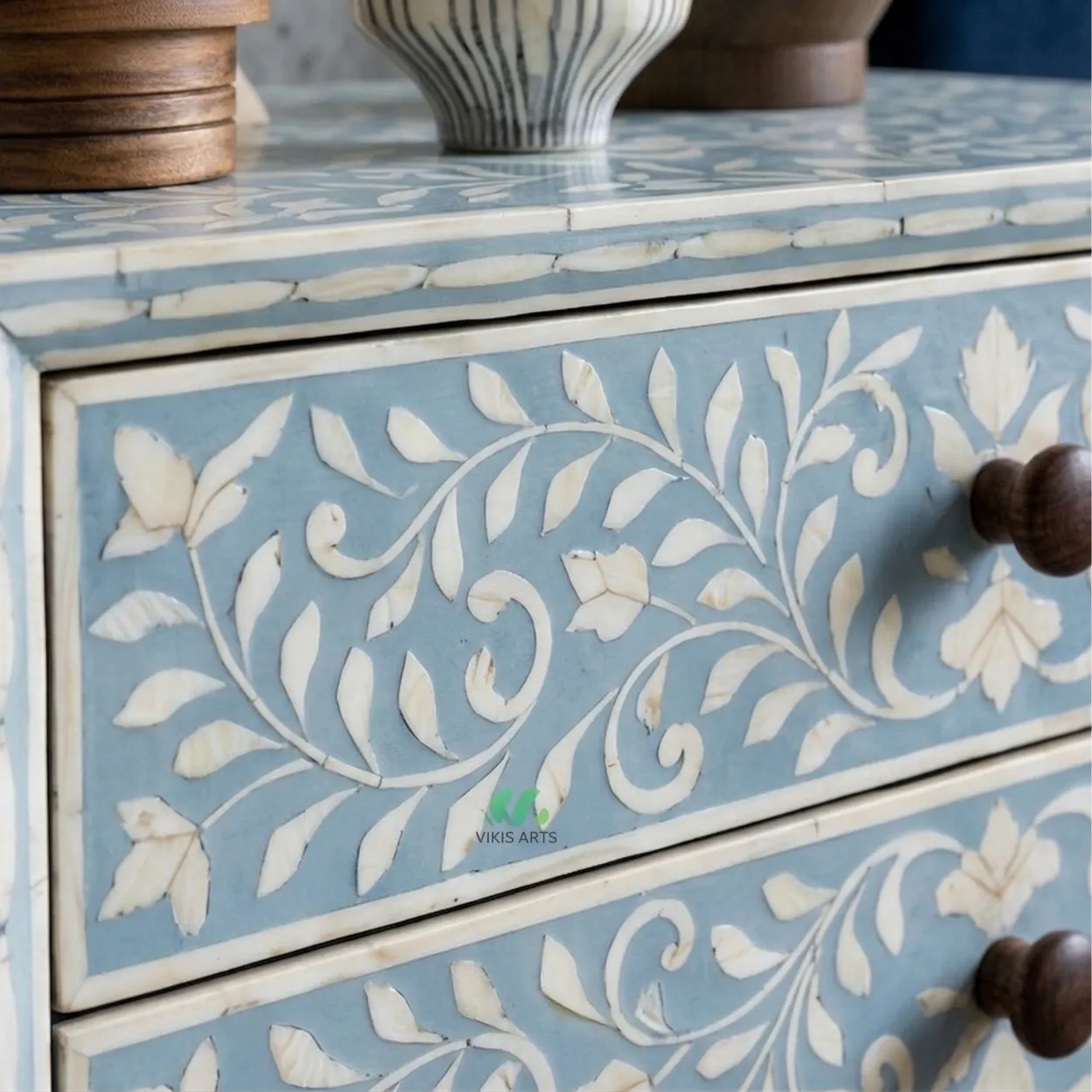 Bone Inlay Light blue Bedside Table with 2 Drawer - Image 6