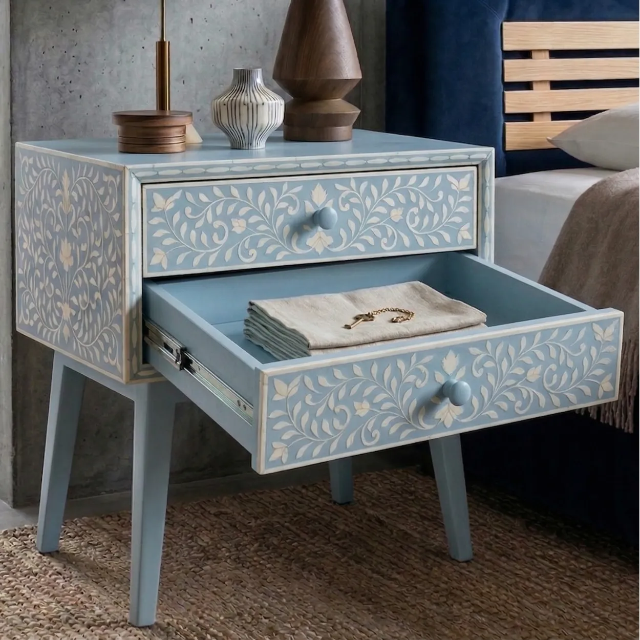 Bone Inlay Light blue Bedside Table with 2 Drawer - Image 5