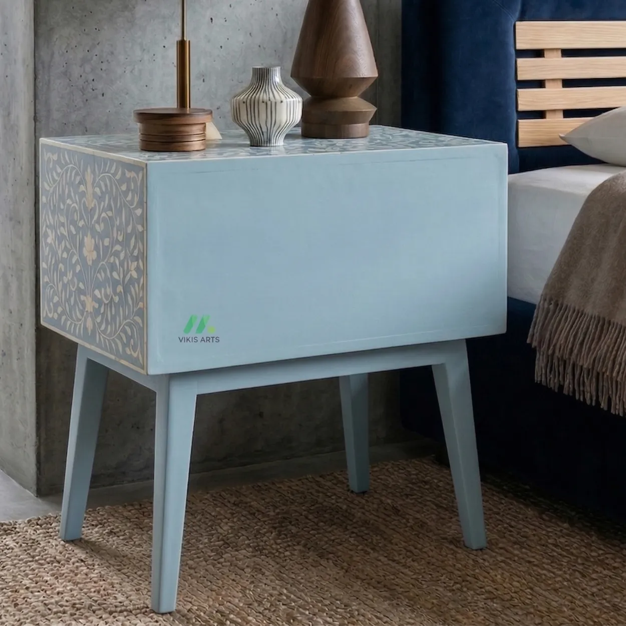 Bone Inlay Light blue Bedside Table with 2 Drawer - Image 2