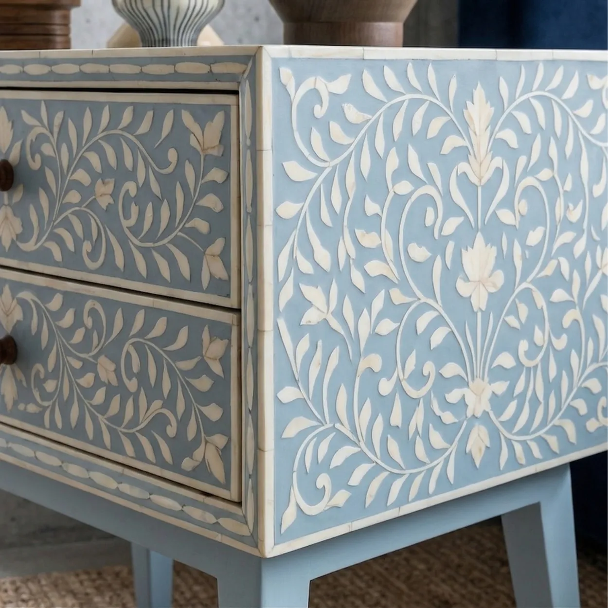 Bone Inlay Light blue Bedside Table with 2 Drawer - Image 4
