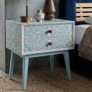Bone Inlay Light blue Bedside Table with 2 Drawer