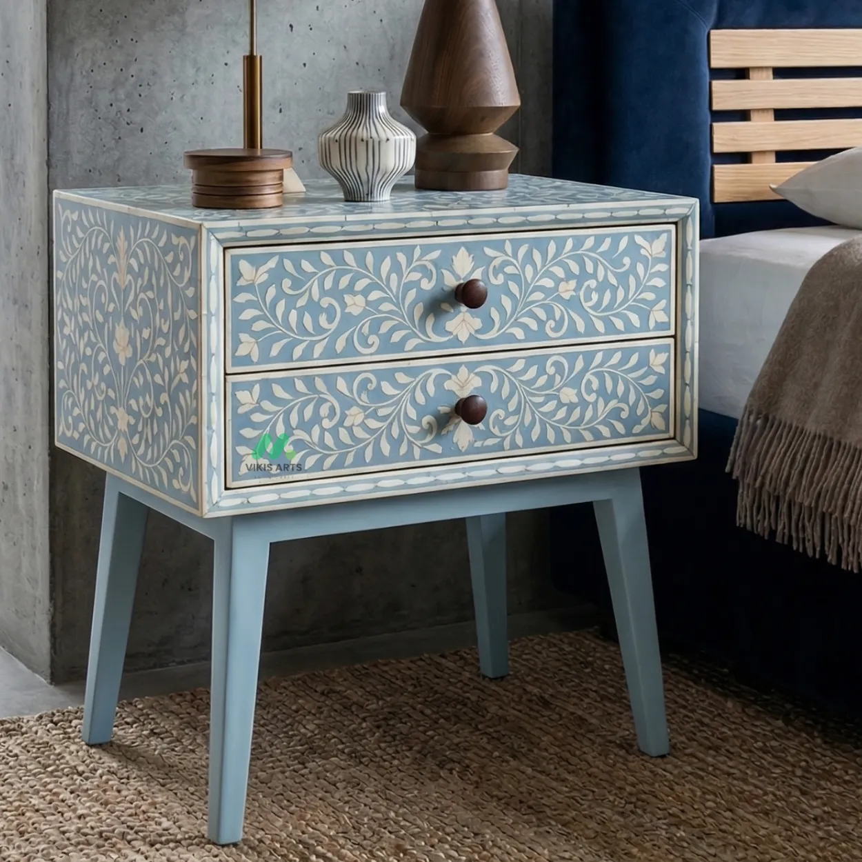 Bone Inlay Light blue Bedside Table with 2 Drawer