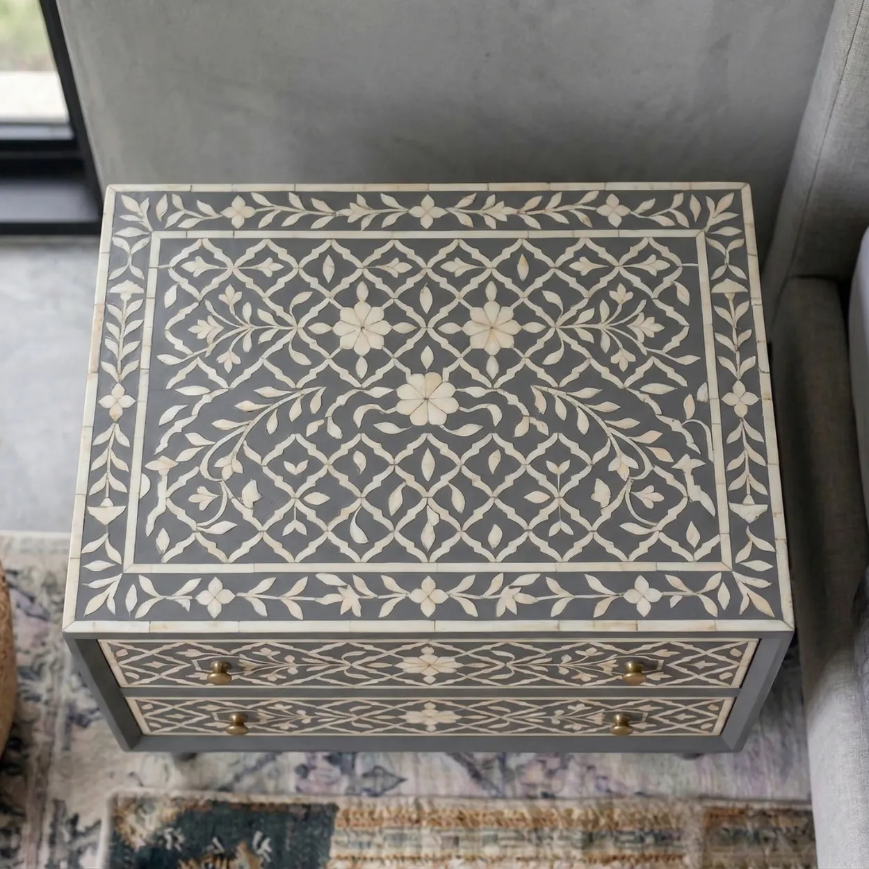 Bone Inlay Grey Bedside Table with 2 Drawer - Image 4