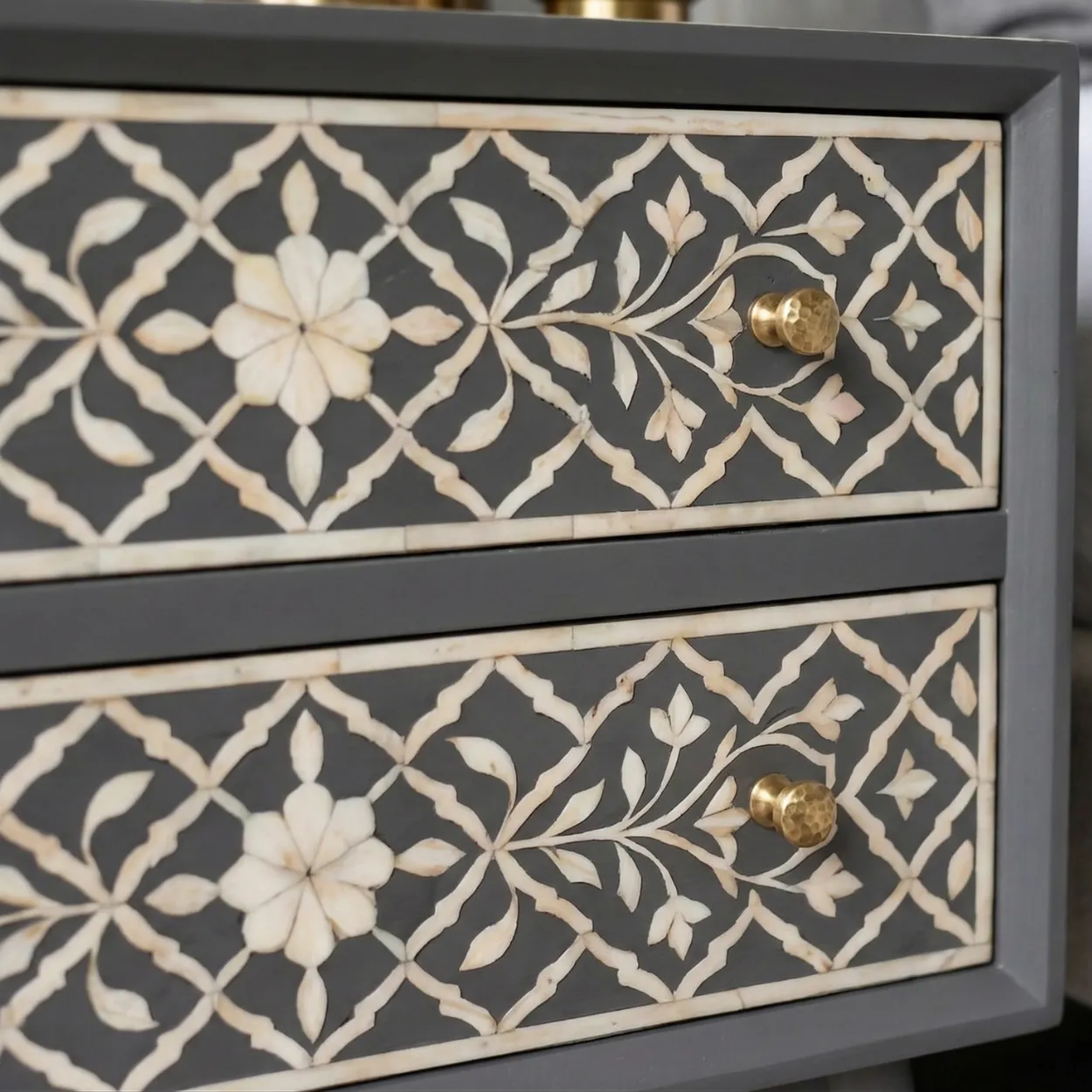 Bone Inlay Grey Bedside Table with 2 Drawer - Image 6