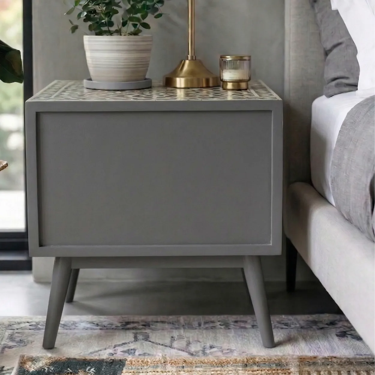 Bone Inlay Grey Bedside Table with 2 Drawer - Image 3
