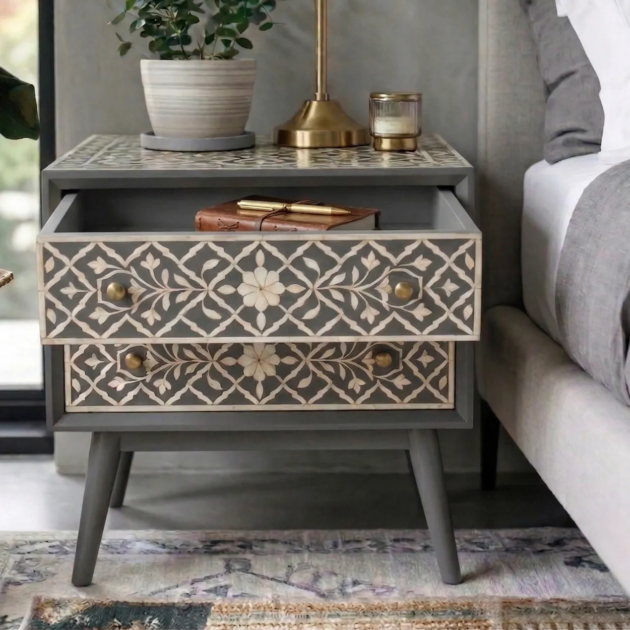 Bone Inlay Grey Bedside Table with 2 Drawer - Image 5