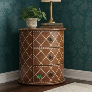 Bone Inlay Wooden Round Bedside Table