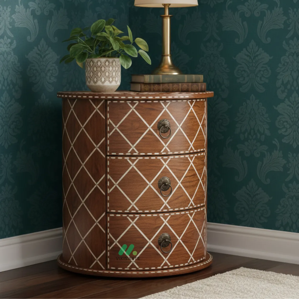 Bone Inlay Wooden Round Bedside Table