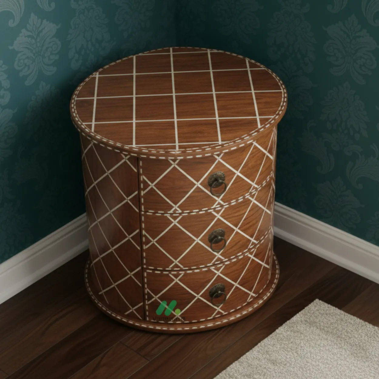 Bone Inlay Wooden Round Bedside Table - Image 3