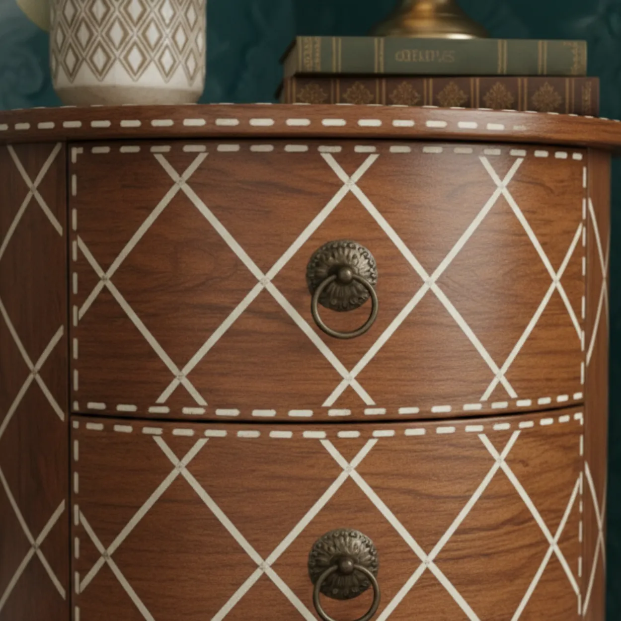 Bone Inlay Wooden Round Bedside Table - Image 4