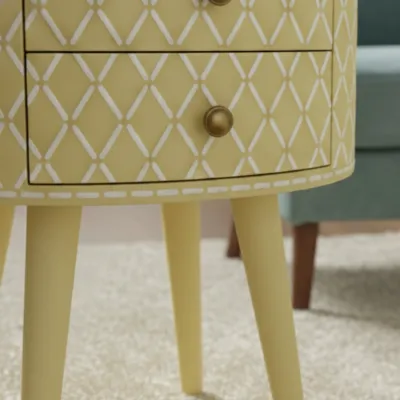 Bone Inlay Yellow Round Bedside Table - Image 5