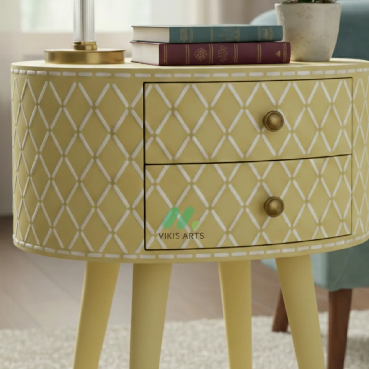 Bone Inlay Yellow Round Bedside Table - Image 6