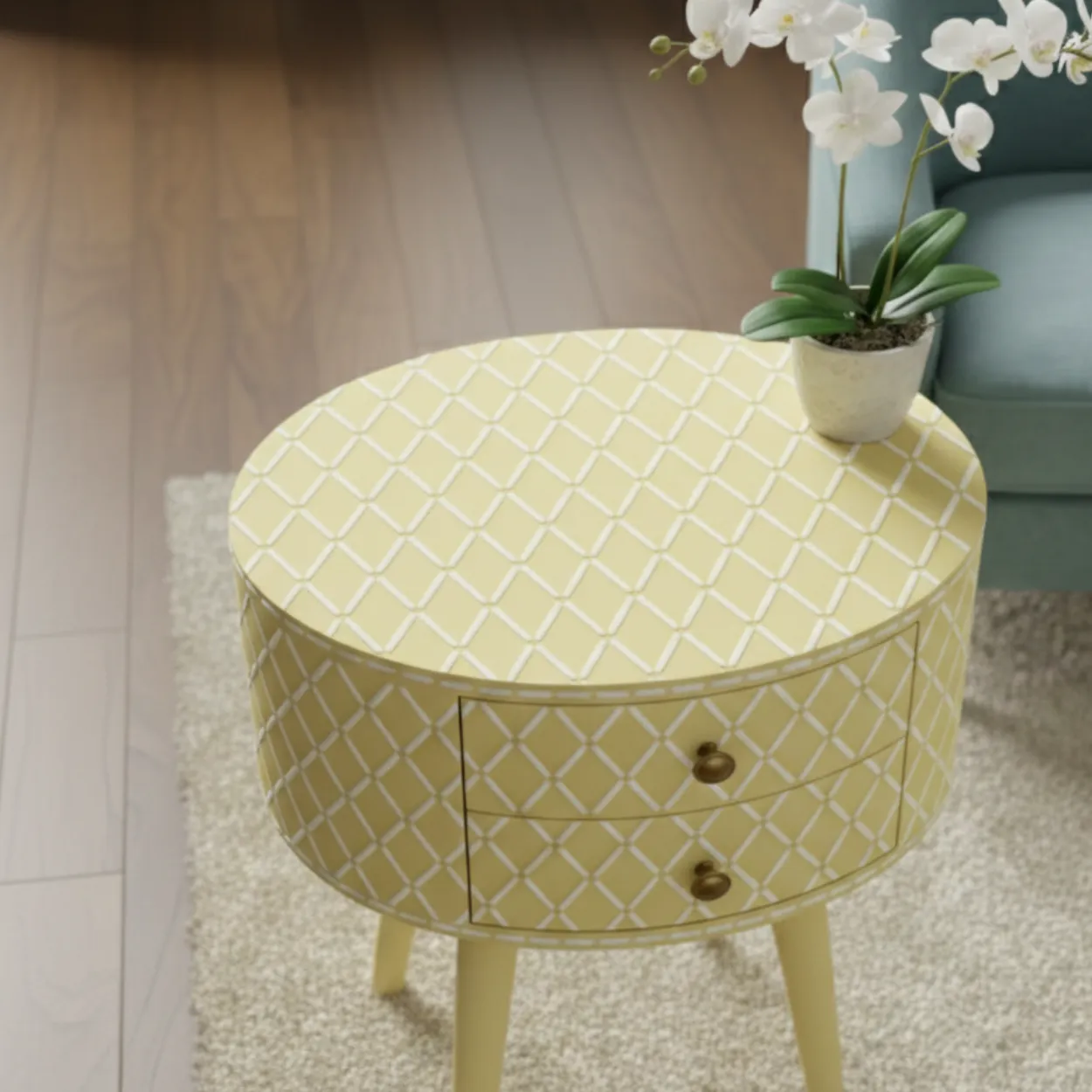 Bone Inlay Yellow Round Bedside Table - Image 3