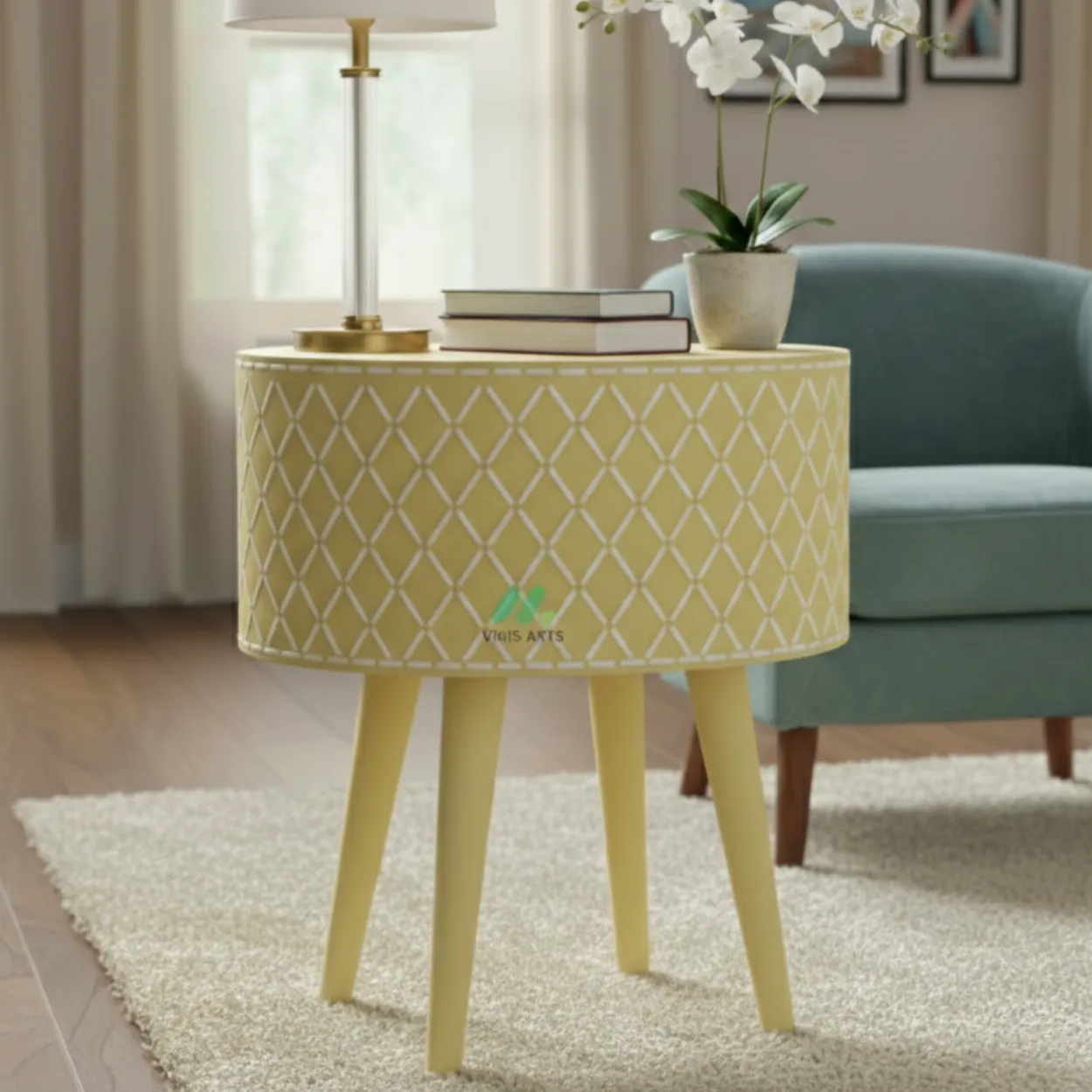 Bone Inlay Yellow Round Bedside Table - Image 2