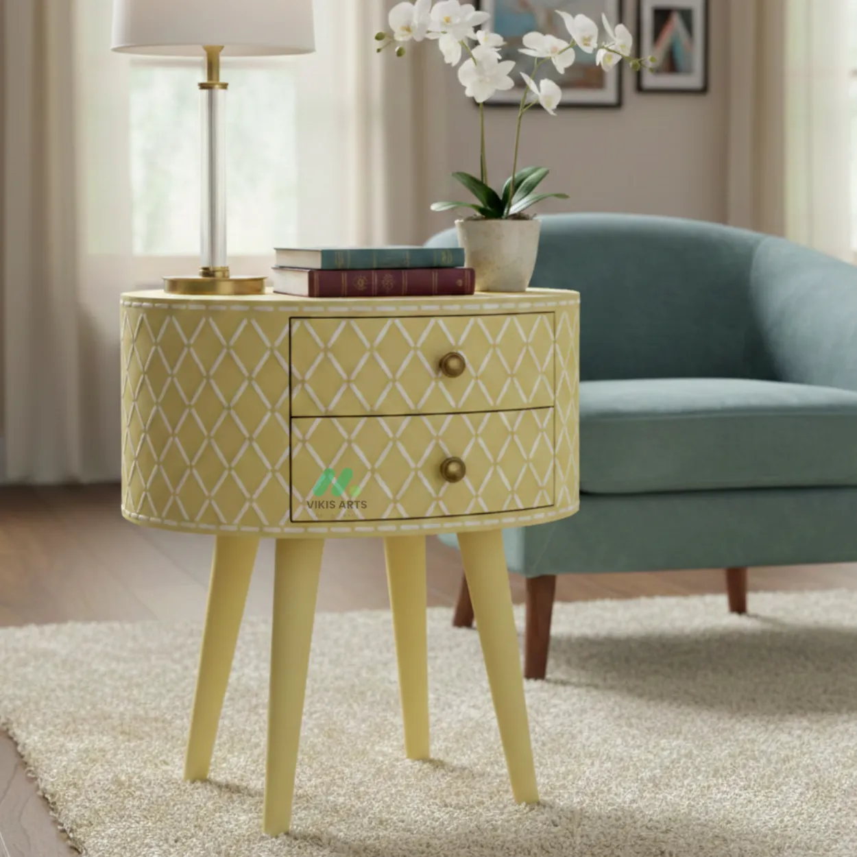Bone Inlay Yellow Round Bedside Table