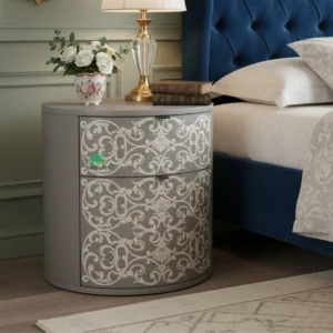 Bone Inlay Grey Round Nightstand Table with 2 Drawer