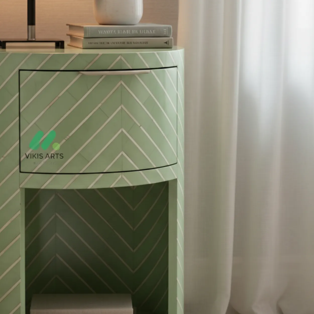 Bone Inlay Green Round Bedside Table with 1 Drawer - Image 4