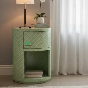 Bone Inlay Green Round Bedside Table with 1 Drawer