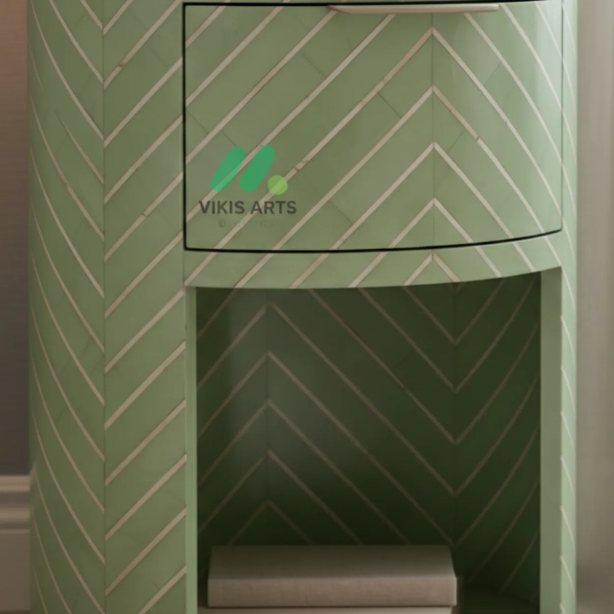 Bone Inlay Green Round Bedside Table with 1 Drawer - Image 6