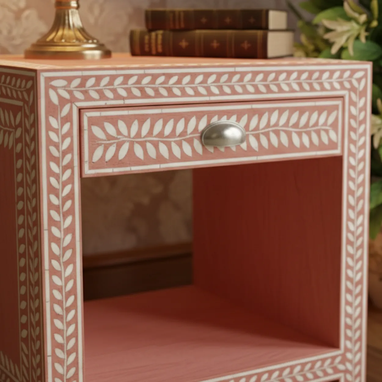 Bone Inlay Pink Bedside Table with 1 Drawer - Image 6