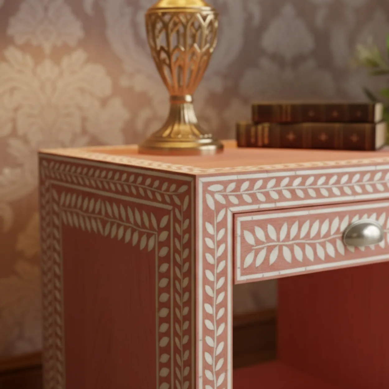 Bone Inlay Pink Bedside Table with 1 Drawer - Image 4