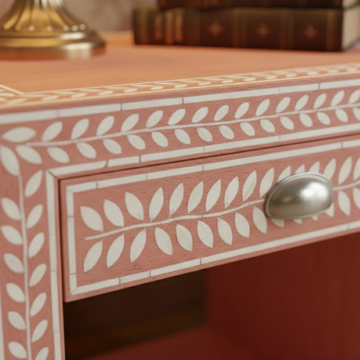 Bone Inlay Pink Bedside Table with 1 Drawer - Image 5