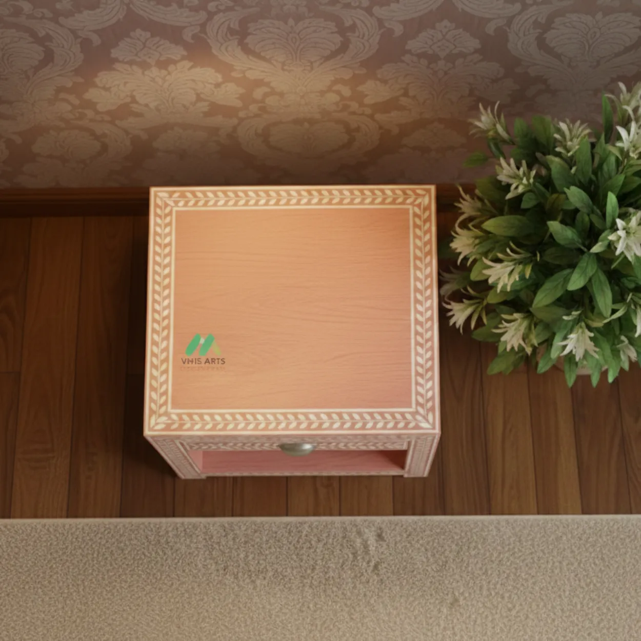 Bone Inlay Pink Bedside Table with 1 Drawer - Image 2