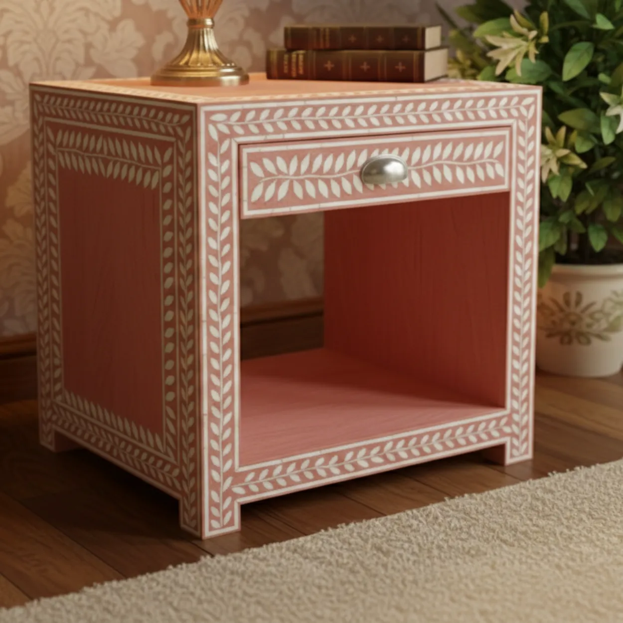 Bone Inlay Pink Bedside Table with 1 Drawer - Image 3