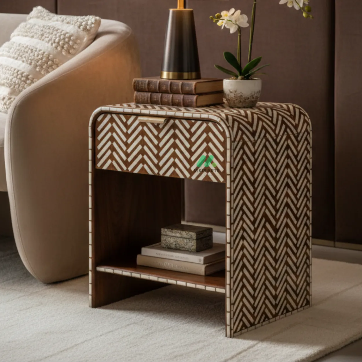 Bone Inlay Wooden Bedside Table
