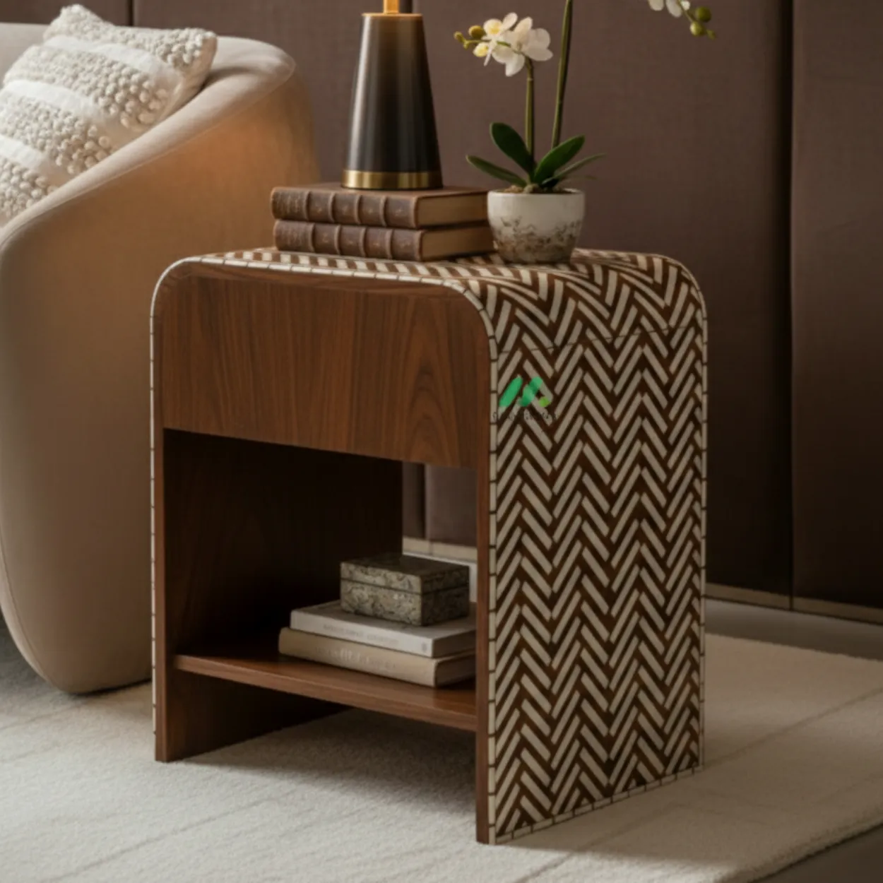 Bone Inlay Wooden Bedside Table - Image 3