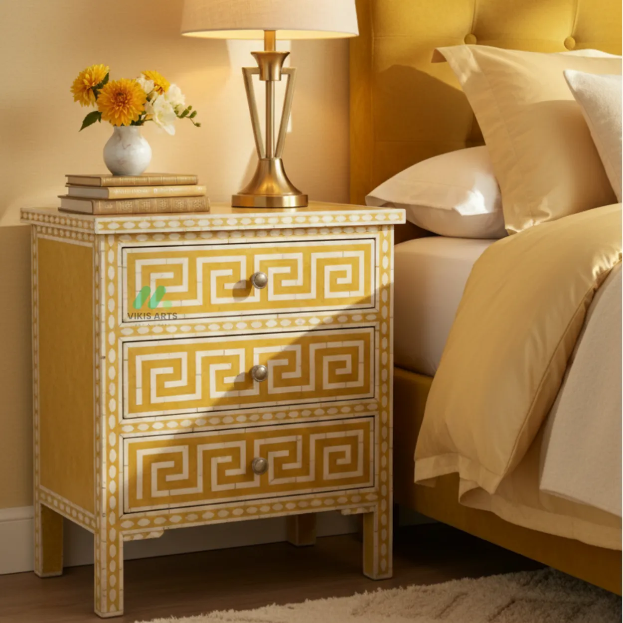 Bone Inlay Yellow Bedside Table