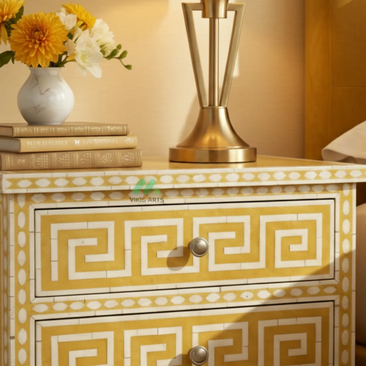 Bone Inlay Yellow Bedside Table - Image 4