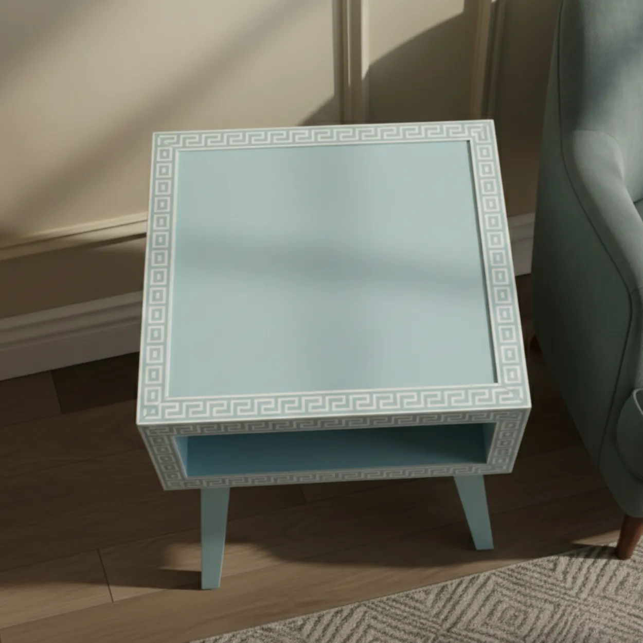 Bone Inlay Light Blue Bedside Table - Image 3