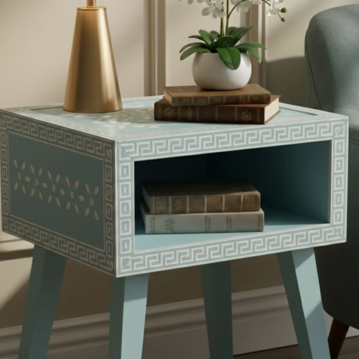 Bone Inlay Light Blue Bedside Table - Image 4