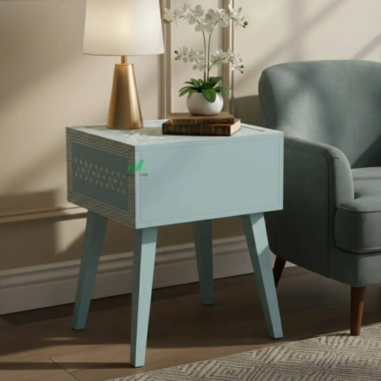 Bone Inlay Light Blue Bedside Table - Image 2
