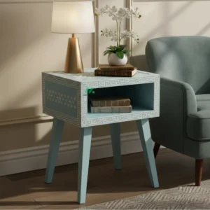 Bone Inlay Light Blue Bedside Table