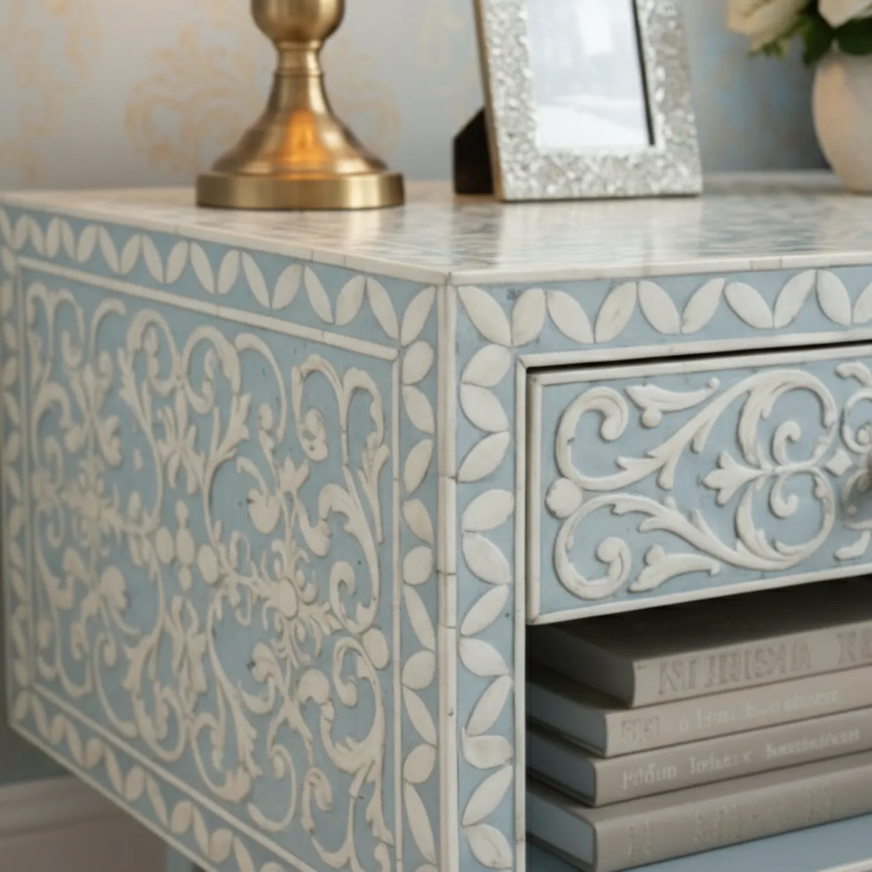 Bone Inlay Light Blue Bedside Table with Drawer - Image 5