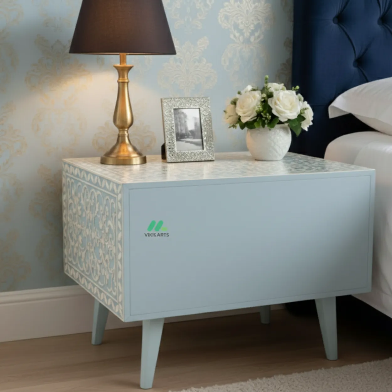 Bone Inlay Light Blue Bedside Table with Drawer - Image 2