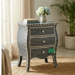 Bone Inlay Black bedside table with 3 Drawers
