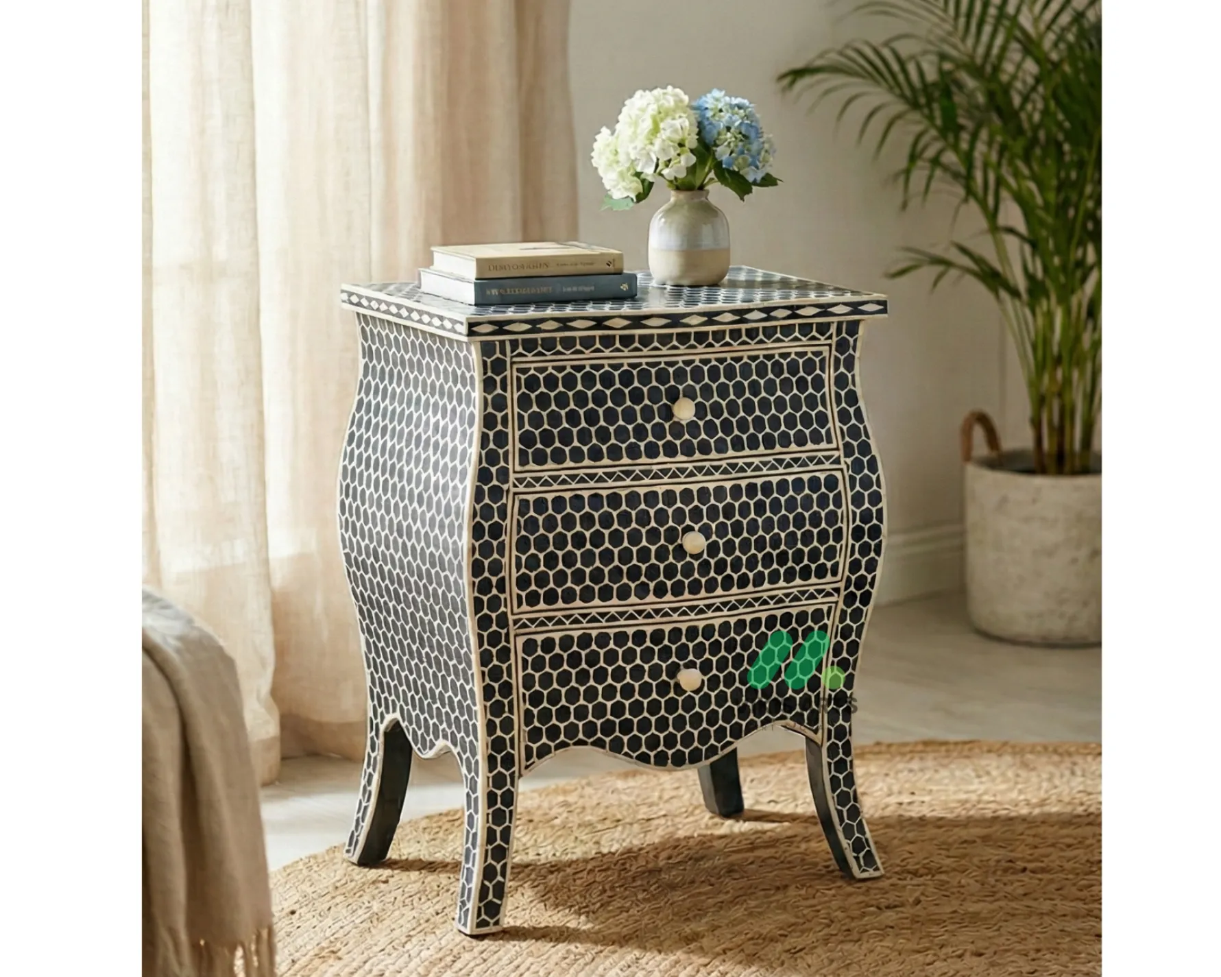 Bone Inlay Black bedside table with 3 Drawers