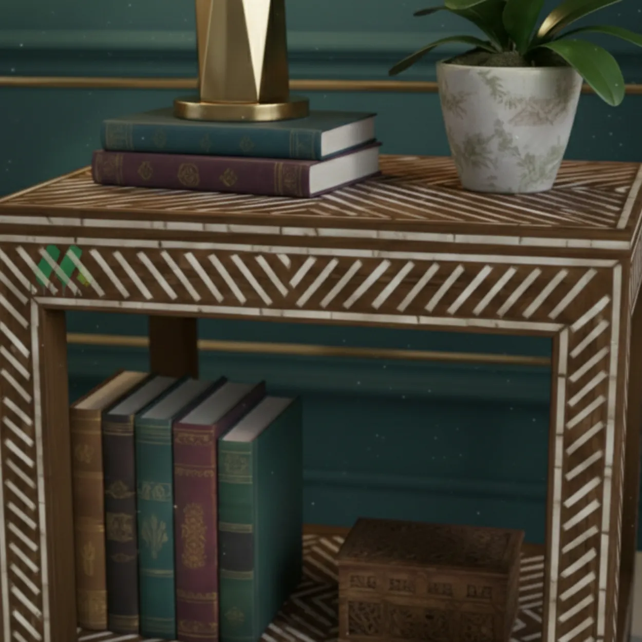 Bone Inlay Wooden Bedside Table - Image 6
