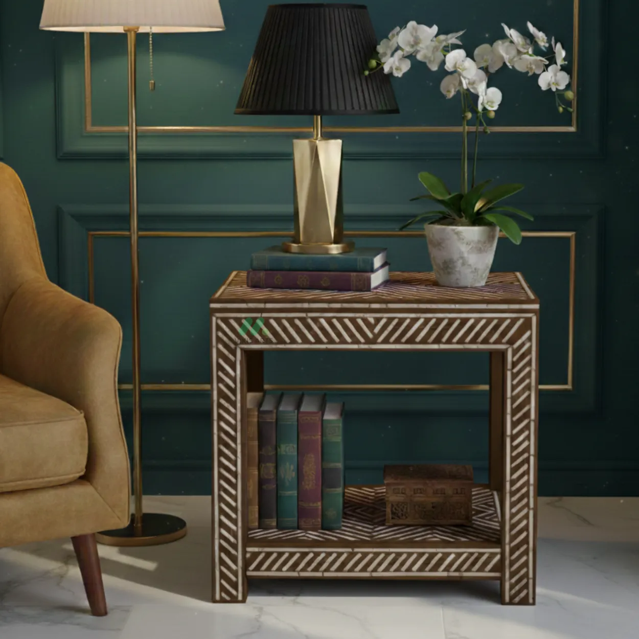 Bone Inlay Wooden Bedside Table