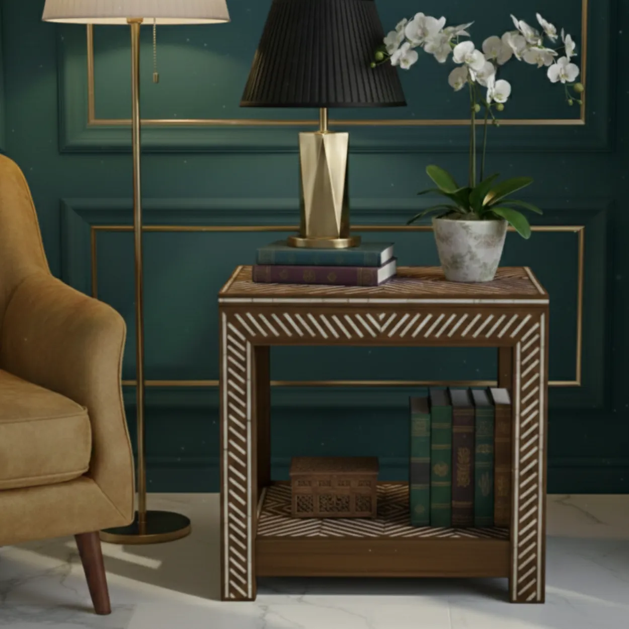 Bone Inlay Wooden Bedside Table - Image 3